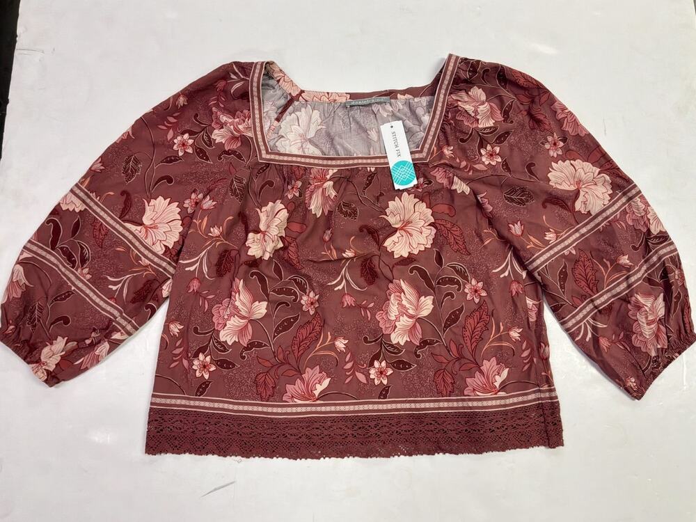 Daniel Rainn Lorena Blouse Womens M Pink Floral Square Neck Crochet Hem Boho Top
